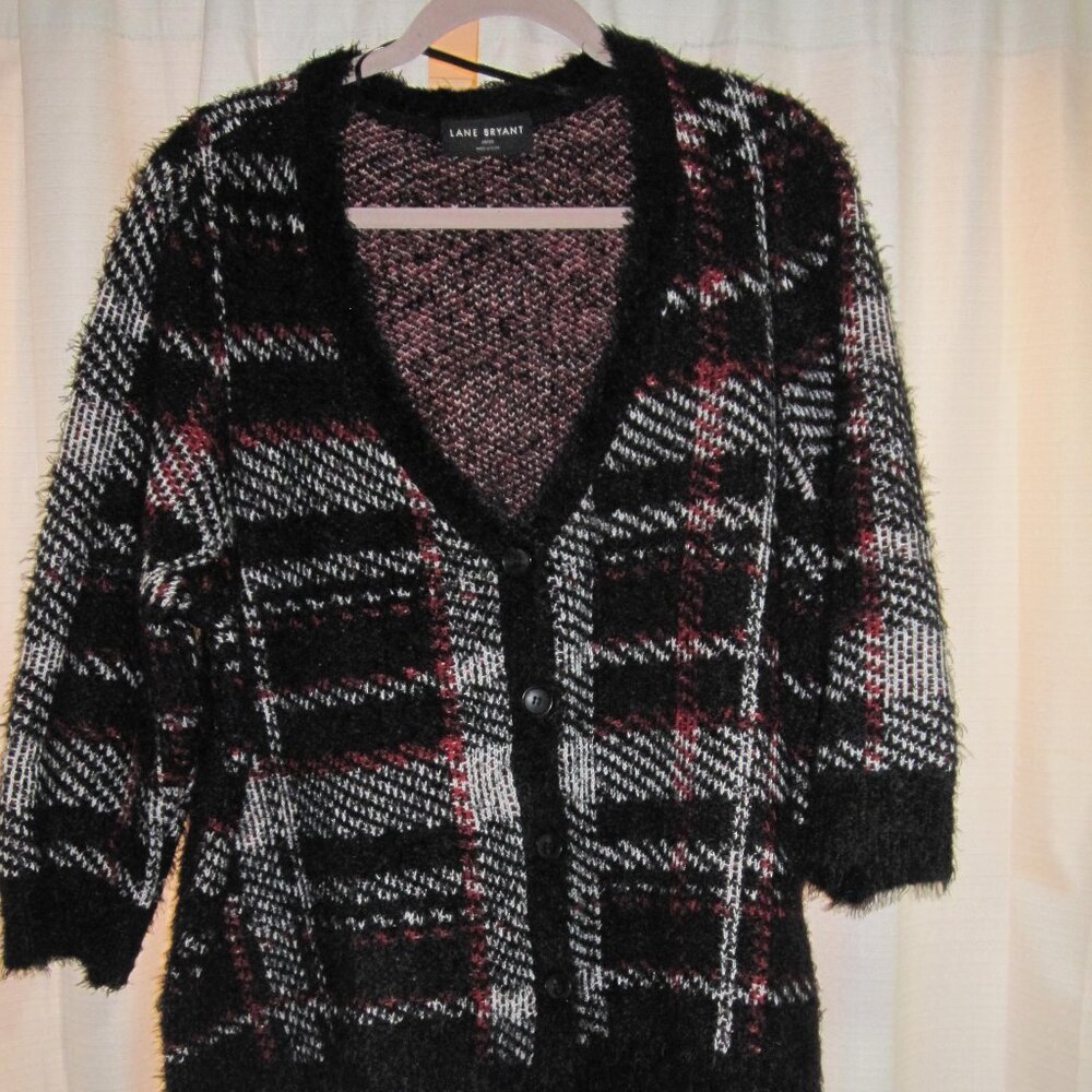 Fuzzy Black Plaid Lane Bryant Cardigan 18/20